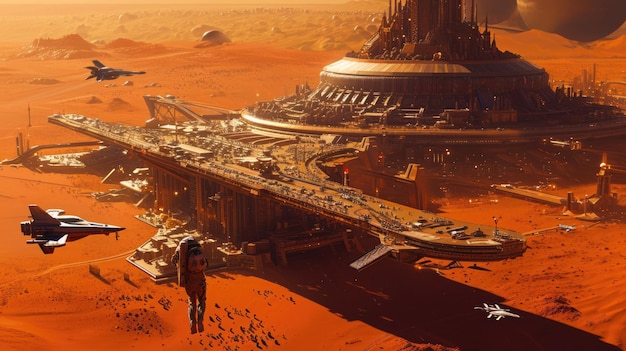 Futuristischer Mars-Raumhafen mit strahlenden Raumschiffen