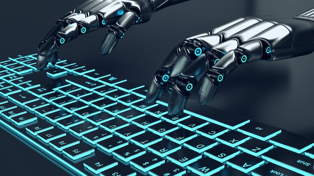 Futuristischer metallgrauer Roboter, der auf einer beleuchteten Tastatur tippt