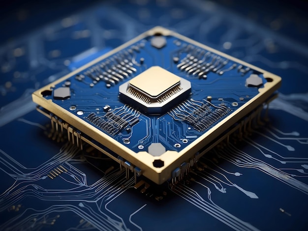 Futuristischer Mikrochip-Prozessor mit dunkelblauem Hintergrund Entwickler von Technologien