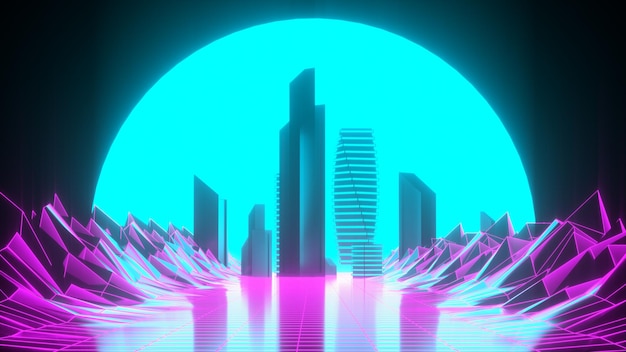 Futuristischer Neonhintergrund mit Häusern, Sonne und Gitter Retro-Stadt 3D