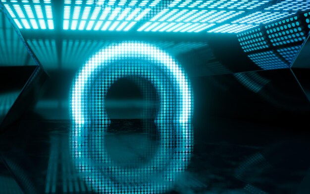 Futuristischer Raum mit leuchtenden Neonlichtern 3D-Rendering