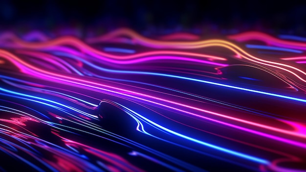 Futuristischer Raum mit Neonlichtkorridor und lebendiger Beleuchtung auf schwarzem Hintergrund. Generative KI