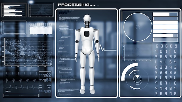 Futuristischer Roboter, künstliche Intelligenz CGI Big Data Analytics und Programmierung