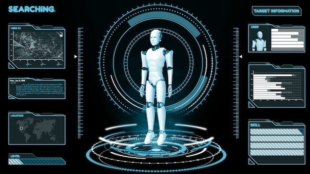 Futuristischer Roboter, künstliche Intelligenz CGI Big Data Analytics und Programmierung