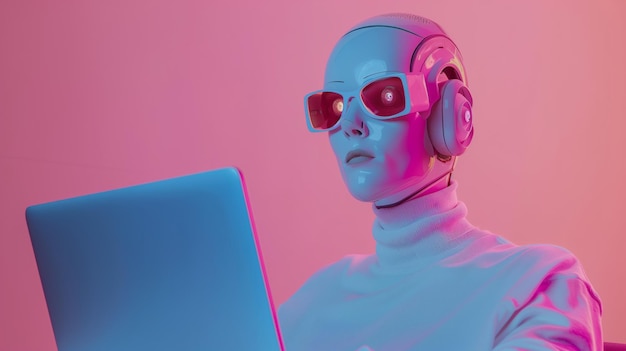 Futuristischer Roboter mit Sonnenbrille und Laptop