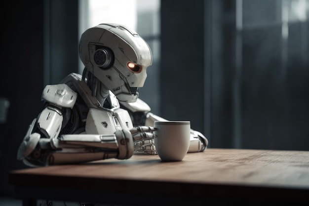Futuristischer Roboter sitzt entspannt kleine Tasse Kaffee generative ai