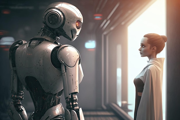 Futuristischer Roboter und weibliche Kommunikationsfrau im Gespräch mit androider generativer KI