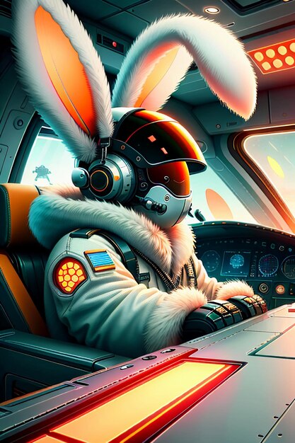 Futuristischer Science-Fiction-Hase-Soldat-Krieger, der ein Raumschiff-Flugzeug fährt Rabbit Legion