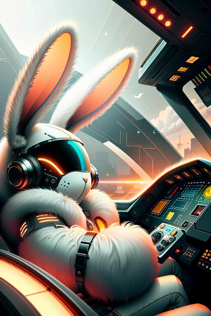 Futuristischer Science-Fiction-Hase-Soldat-Krieger, der ein Raumschiff-Flugzeug fährt Rabbit Legion