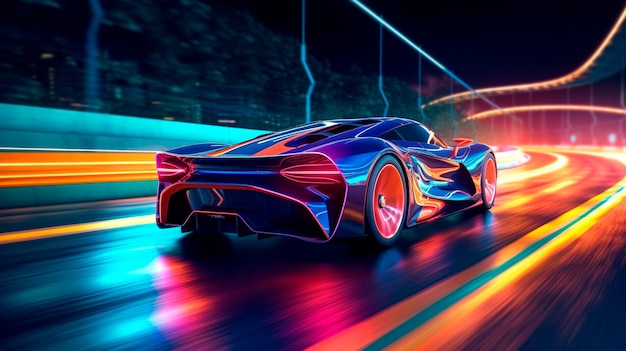 Futuristischer Sportwagen auf Neon-Highway Kräftige Beschleunigung eines Supersportwagens mit farbenfrohen Lichtern Trails Generativer KI-Illustrator