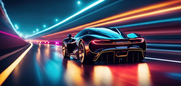 Futuristischer Sportwagen auf Neon-Highway. Kraftvolle Beschleunigung eines Supersportwagens auf einer Nachtstrecke mit Farbe