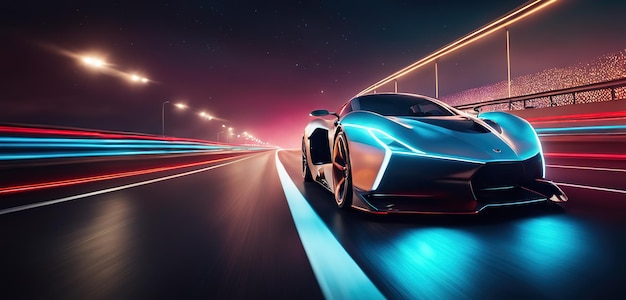 Futuristischer Sportwagen auf Neon-Highway. Kraftvolle Beschleunigung eines Supersportwagens auf einer Nachtstrecke mit Farbe