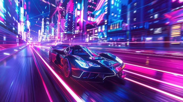 Futuristischer Sportwagen fährt durch Cyberpunk City