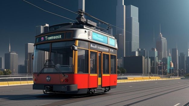 Futuristischer Straßenbahnverkehr vor einer futuristischen Stadtzukunftswelt