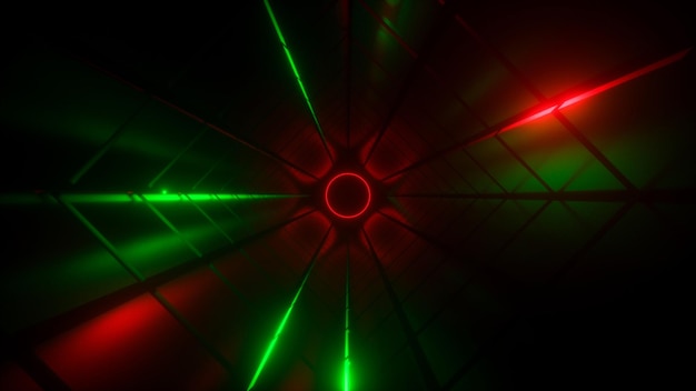 Futuristischer Tunnel im Dunkeln mit grünen und roten Lichtern beleuchtet - 3D-Darstellung
