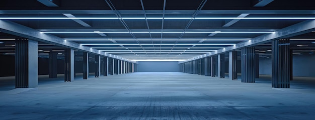 Futuristischer unterirdischer Parkplatz mit Neonlichtern