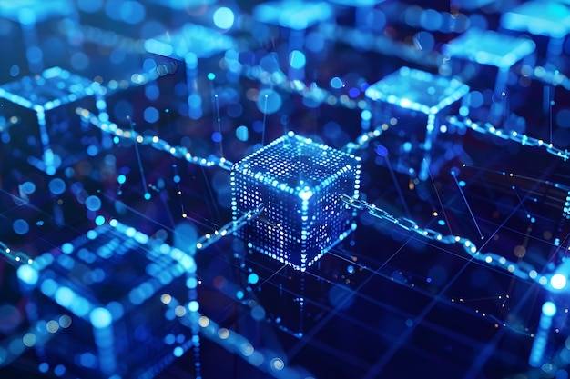 Futuristischer Web3-Blockchain-Hintergrund mit miteinander verbundenen digitalen Würfeln und Mustern