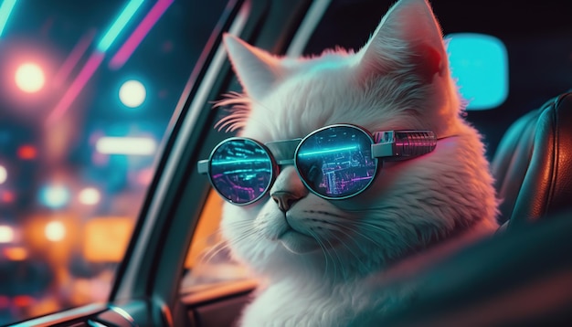 Futuristischer weißer Katzenfahrer bei Nacht Generative KI-Illustration