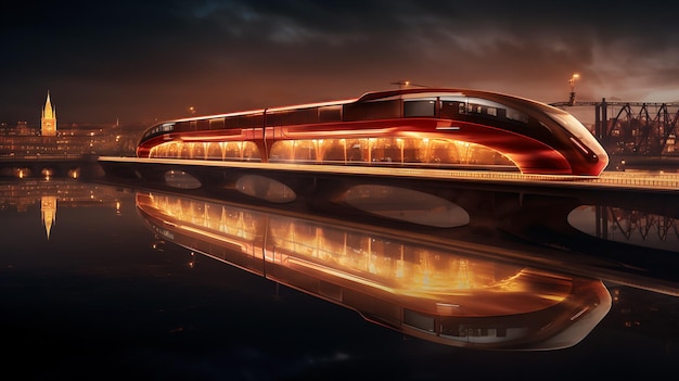 Futuristischer Zug vor dem Hintergrund der Nachtstadt