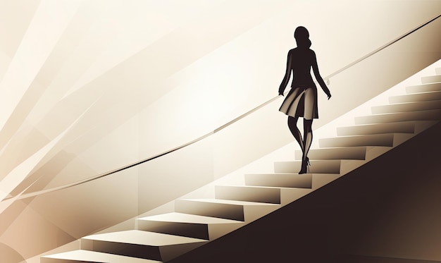 Futuristisches abstraktes Kunstwerk einer Geschäftsfrau, die Treppen hinaufsteigt. Erstellen mit generativen KI-Tools