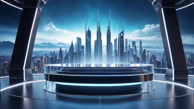 Futuristisches Acrylpodium mit sci-fi-Stadtlandschaft Hintergrund