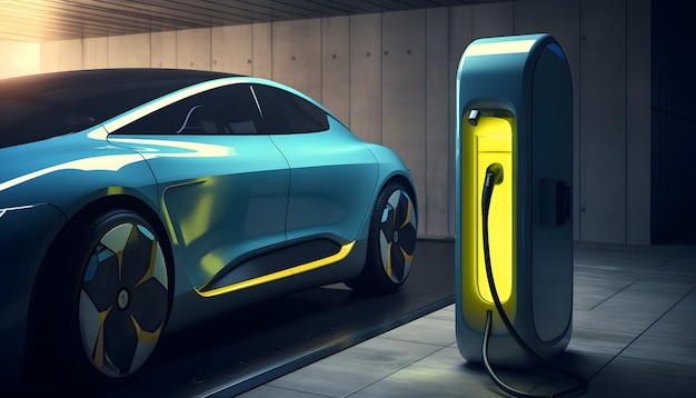 Futuristisches Auto, das neben der von der KI generierten elektrischen Ladestation geparkt wird