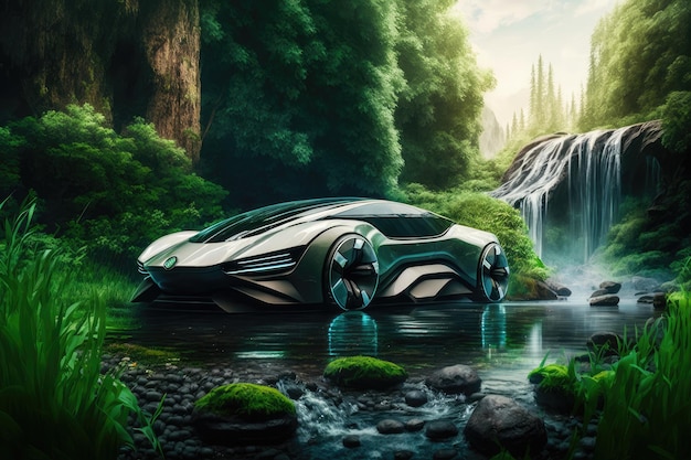 Futuristisches Auto fährt am Wasserfall mit klarem Wasser und üppigem Grün im Hintergrund vorbei