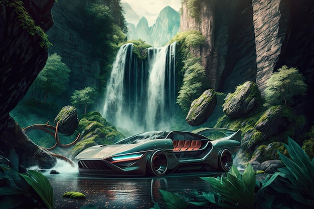 Futuristisches Auto fährt am Wasserfall mit klarem Wasser und üppigem Grün im Hintergrund vorbei