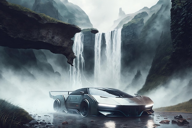 Futuristisches Auto fährt an einem hoch aufragenden Wasserfall mit Nebel und Spray im Hintergrund vorbei