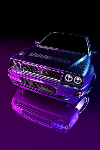 Futuristisches Auto im Retro-Stil auf Neon-Hintergrund Ein kraftvolles Cartoon-Auto mit farbenfrohen Lichtern und Gleisen 3D-Illustration