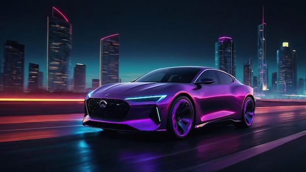 Futuristisches Auto mit Neonlichtern, das in der Nacht fährt