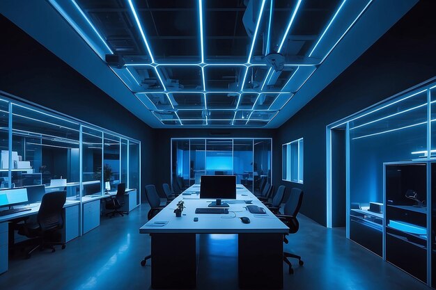 Foto futuristisches büro, das nachts von blauer beleuchtung beleuchtet wird