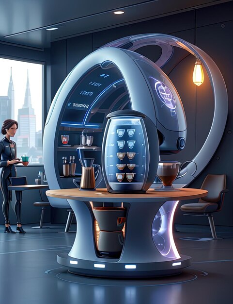 Futuristisches Büro mit einer futuristischen Kaffeemaschine und einer Frau in einem schwarzen Kleid