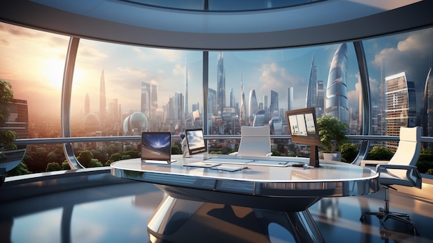 Futuristisches Bürozimmer mit modernen Möbeln, riesigen Fenstern und luxuriösem Blick auf die Skyline