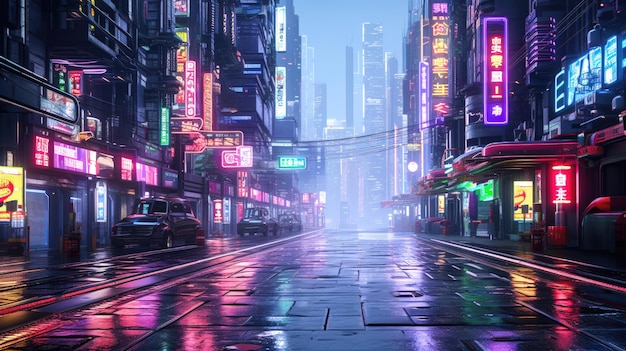 Futuristisches Cyberpunk-Stadtbild mit Neonschildern und hellgrüner und schwarzer Technologie