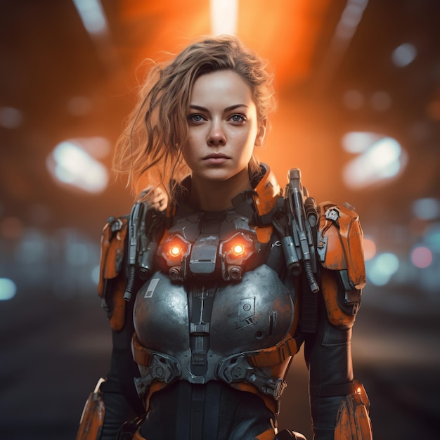 Futuristisches Cyborg-Mädchen mit Metallrüstung. Generative KI