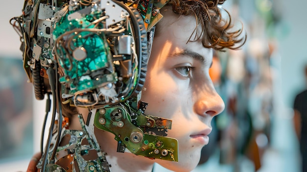 Futuristisches Cyborg-Porträt mit Technologieintegration, humanoider Roboter mit elektronischen Schaltkreisen, Profilansicht, konzeptionelle technologische Innovation, KI