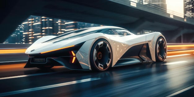 Futuristisches Elektroauto-Superauto, das auf der Stadtautobahn mit Bewegungsunschärfe fährt