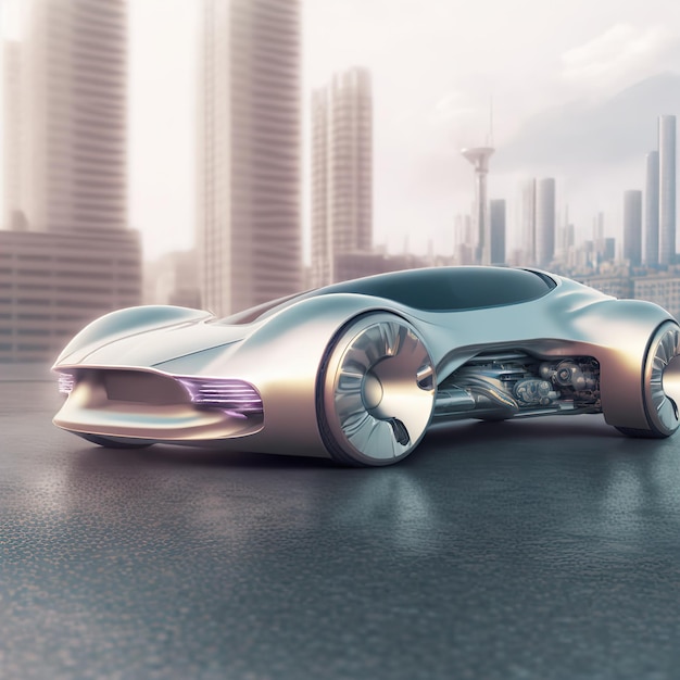 Futuristisches Elektrofahrzeug oder Transport Silbernes Auto steht vor Hintergrund 3d-Illustration