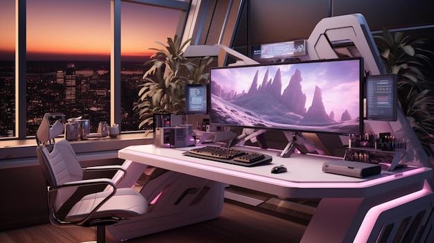 Futuristisches Gaming-Setup, moderner Raum mit Holz und den Farben Weiß und Rosa