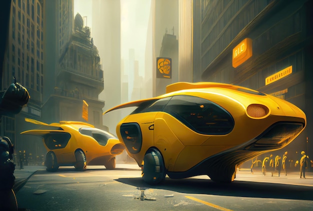 Futuristisches gelbes Taxi zwischen Großstädten und Wolkenkratzern Transport- und Innovationstechnologiekonzept Generative KI