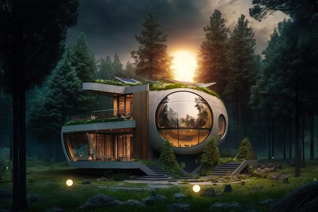 Futuristisches Haus mitten im Wald Generative KI