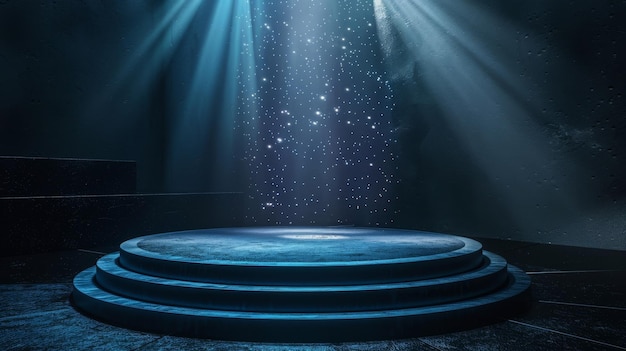Foto futuristisches holographisches podium in einem dunklen raum für hochmoderne technologieprodukte