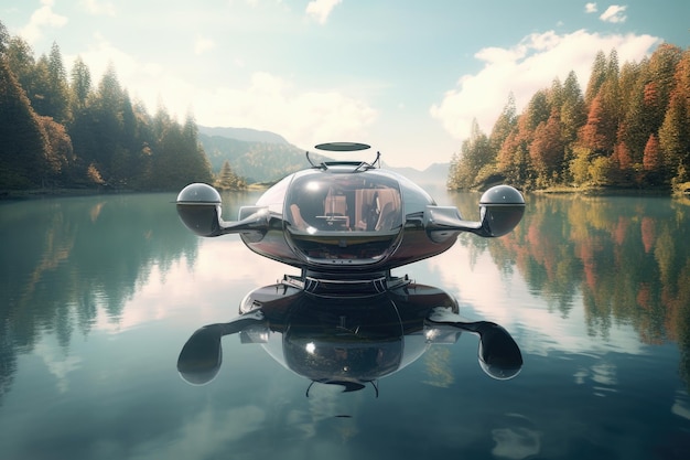 Foto futuristisches hovercraft, das über wasser schwebt, erstellt mit generativer ai