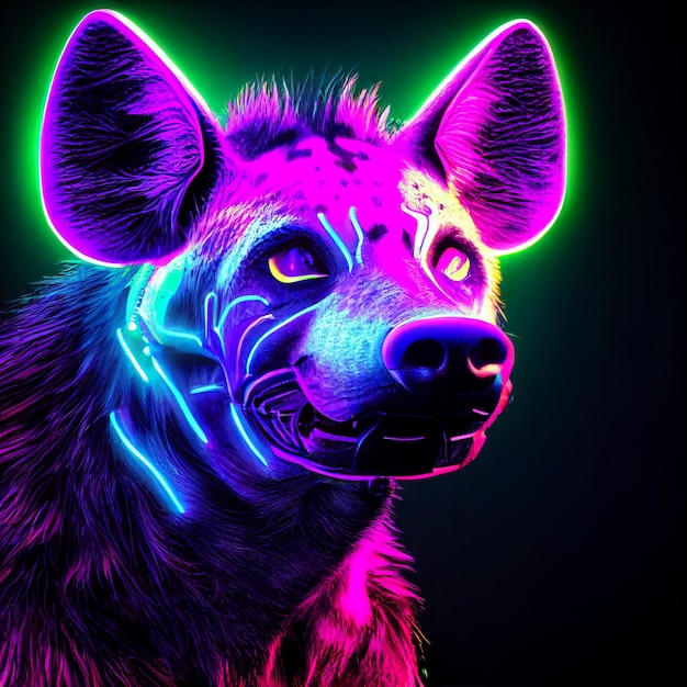 futuristisches hyänenporträt mit neonlichtern 3d-rendering illustration im cyberpunk-stil