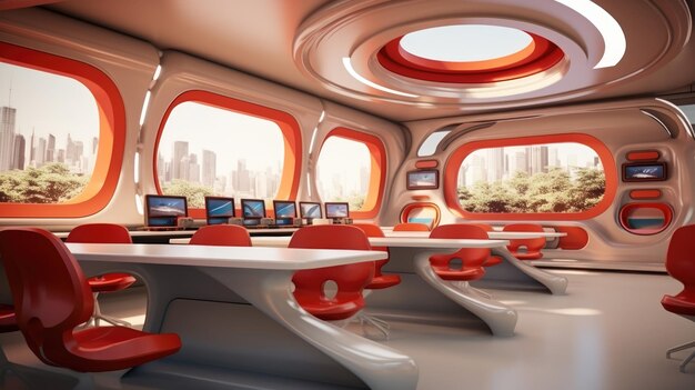 Futuristisches Klassenzimmer in der Schule der Zukunft. Leeres Klassenzimmer für Unterricht oder Vorlesungen