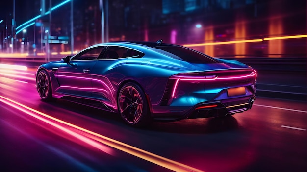 Futuristisches Luxusauto auf dem Neon-Highway Kräftige Beschleunigung eines Premium-Autos mit bunten Lichtern