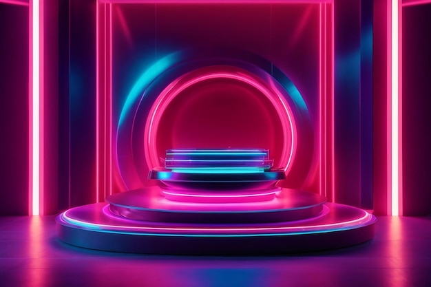 Futuristisches Metaverse-Podium, leerer Raum, Produktpräsentation, abstrakte Technologie-Scifi mit Neonlicht-3D-Hintergrund