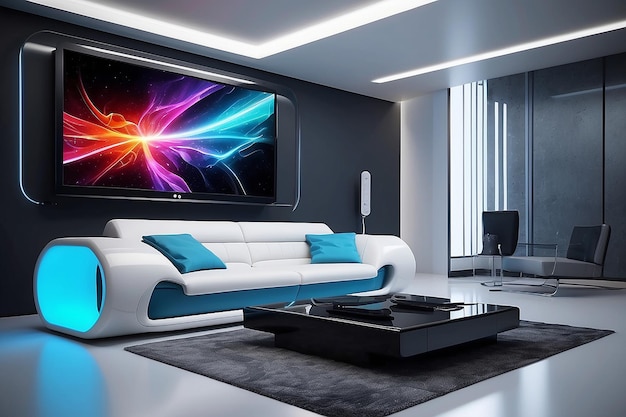 Futuristisches modernes Interieur mit Monitorsofa und Beleuchtung