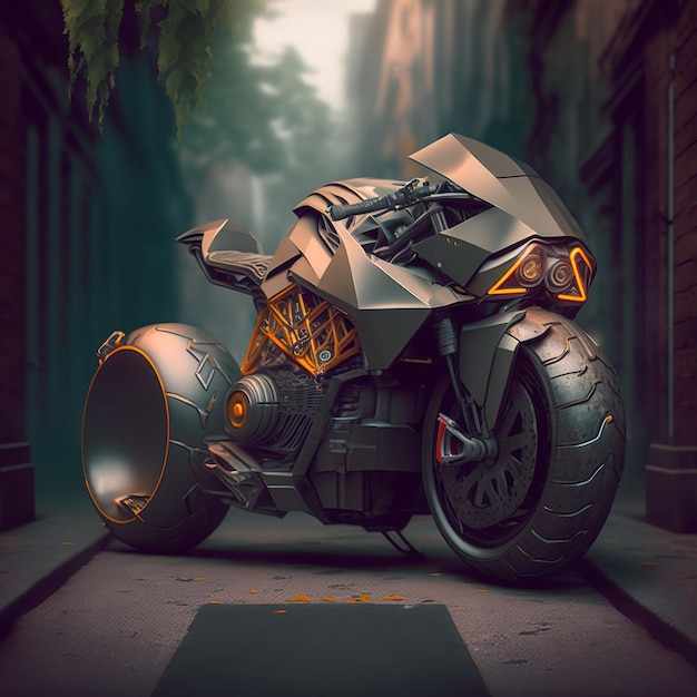 Futuristisches Motorrad, das auf einer Straße geparkt ist, AI-generierte Illustration